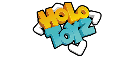 Logo w stylu 3D z napisem HOLO TOYZ. HOLO jest napisane dużymi żółtymi literami na górze; TOYZ jest napisane dużymi niebieskimi literami poniżej. Cały tekst jest obrysowany na biało i czarno, z białymi strzałkami w rogach dla podkreślenia.