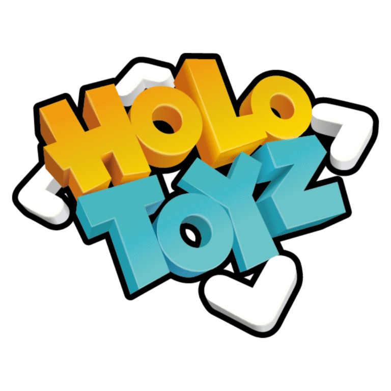 Logo w stylu 3D z napisem HOLO TOYZ. HOLO jest napisane dużymi żółtymi literami na górze; TOYZ jest napisane dużymi niebieskimi literami poniżej. Cały tekst jest obrysowany na biało i czarno, z białymi strzałkami w rogach dla podkreślenia.
